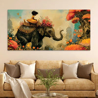 Journey of Artistic Elephant & Cute Girl Floral Canvas Wall Painting