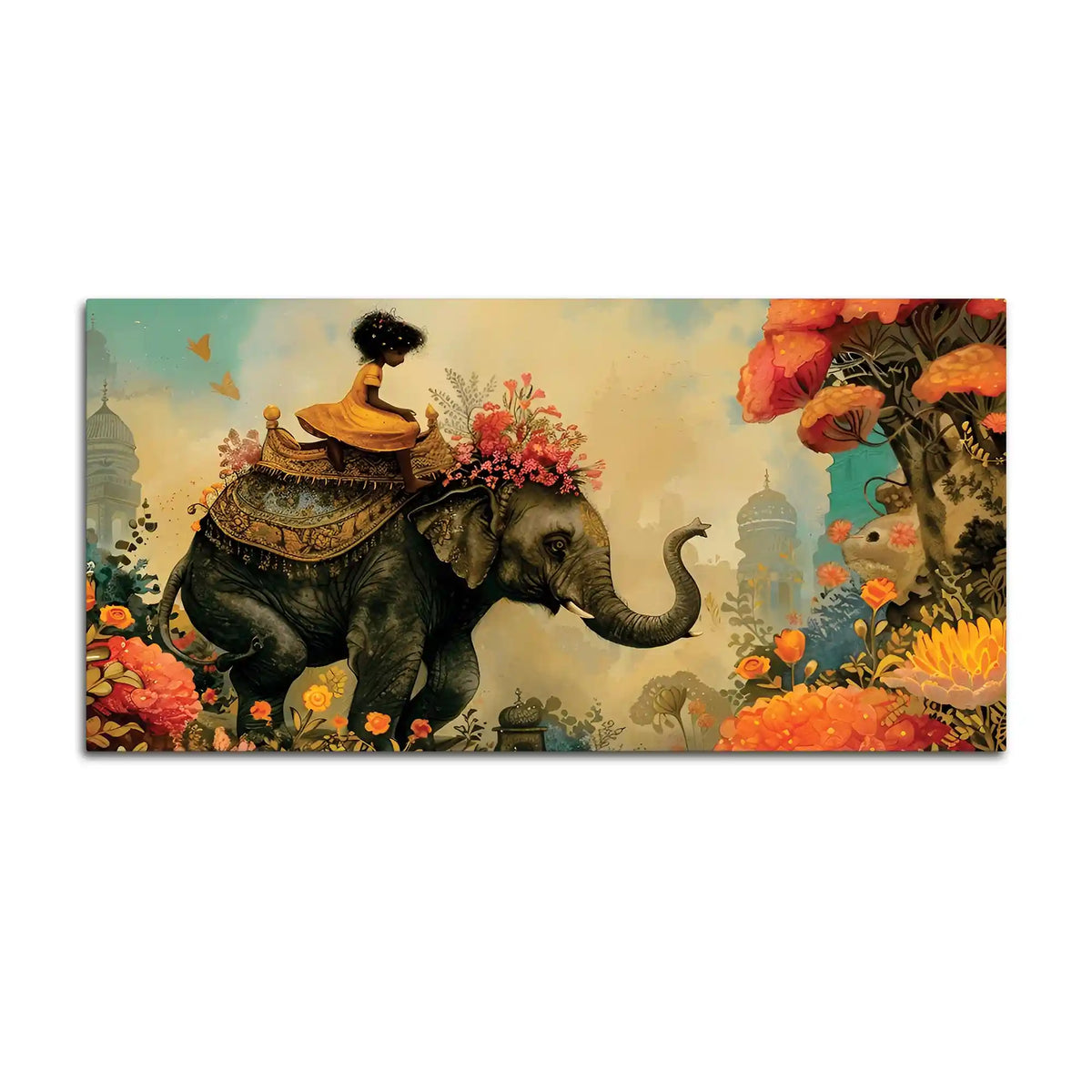 Journey of Artistic Elephant & Cute Girl Floral Canvas Wall Painting
