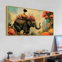 Journey of Artistic Elephant & Cute Girl Floral Canvas Wall Painting