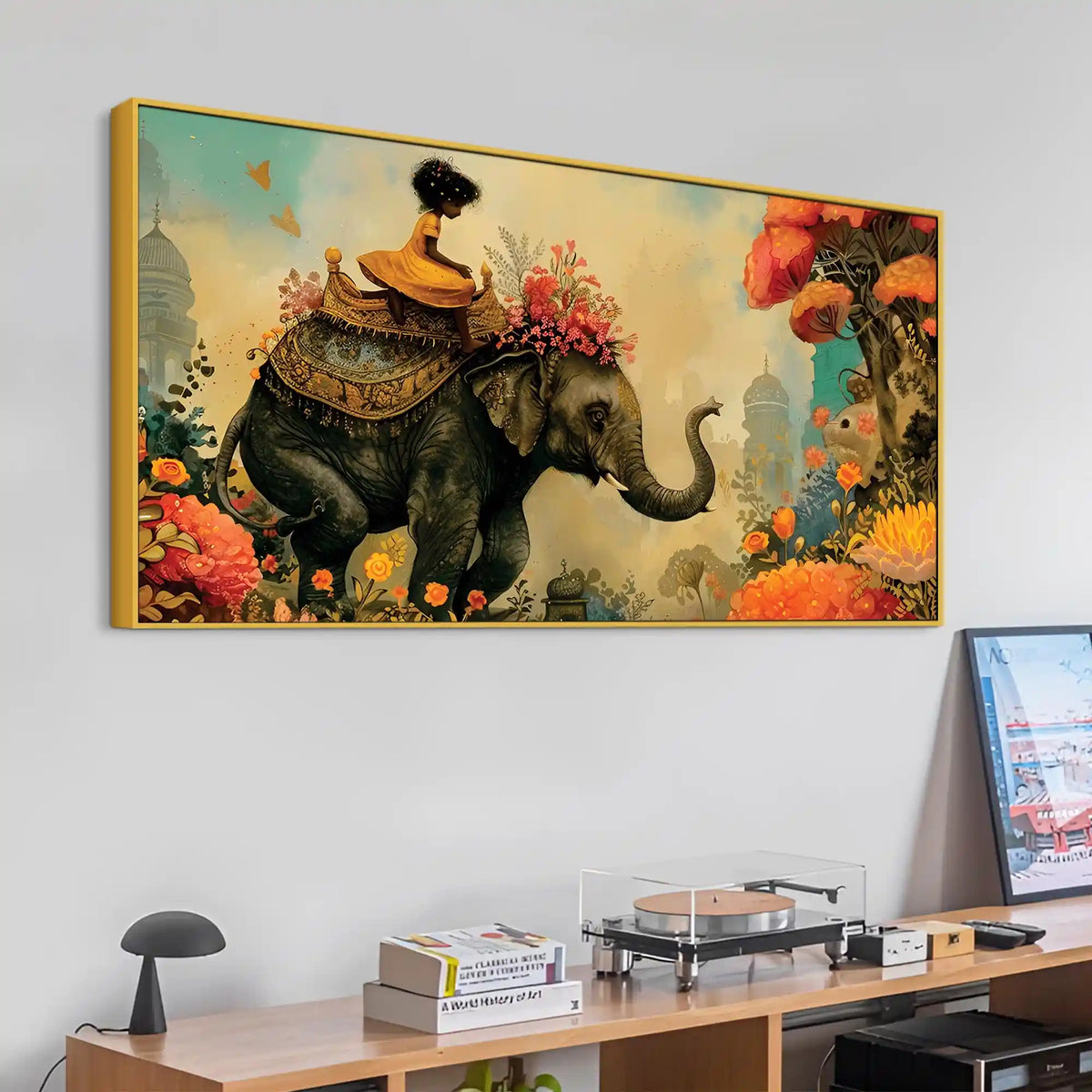 Journey of Artistic Elephant & Cute Girl Floral Canvas Wall Painting