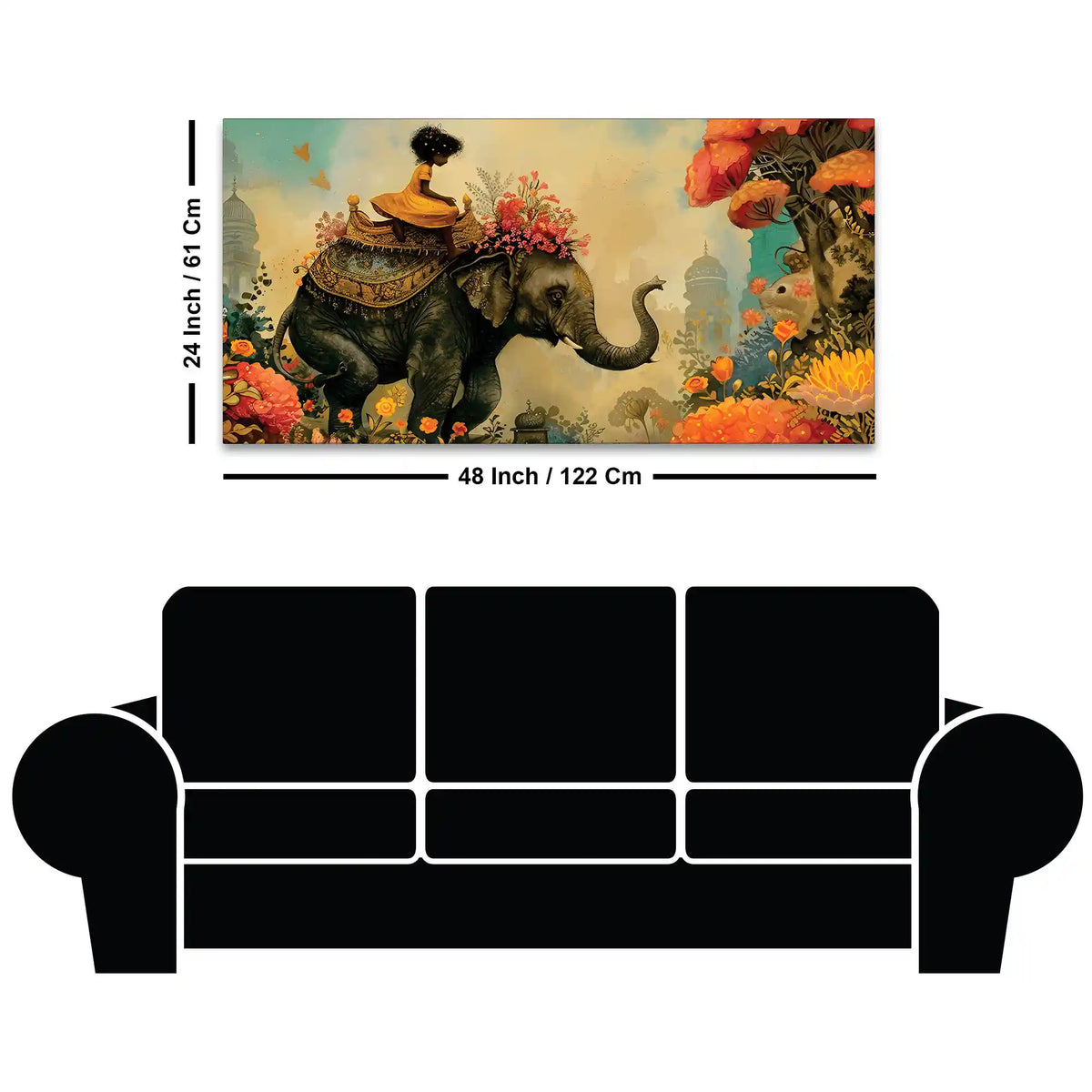 Journey of Artistic Elephant & Cute Girl Floral Canvas Wall Painting