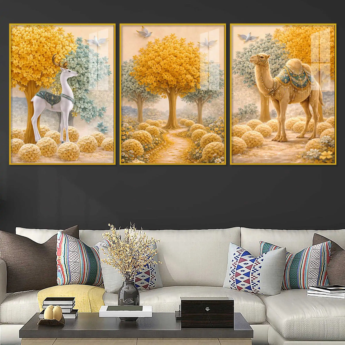 Journey Through the Golden Garden Acrylic Floating Wall Painting Set of 3