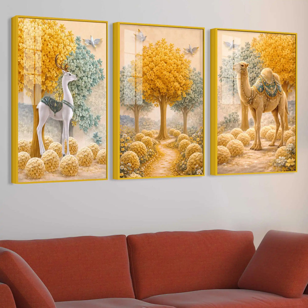 Journey Through the Golden Garden Acrylic Floating Wall Painting Set of 3