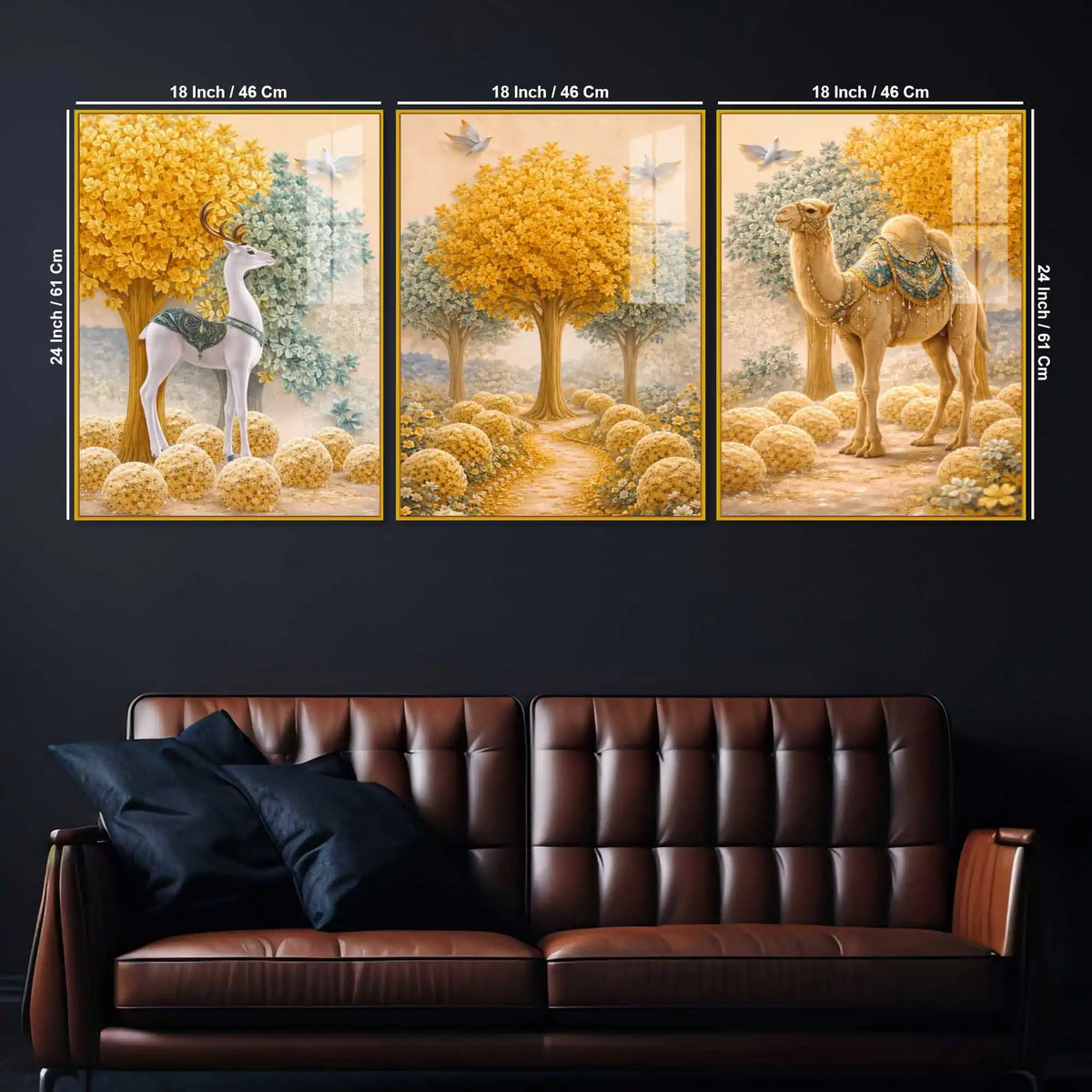 Journey Through the Golden Garden Acrylic Floating Wall Painting Set of 3