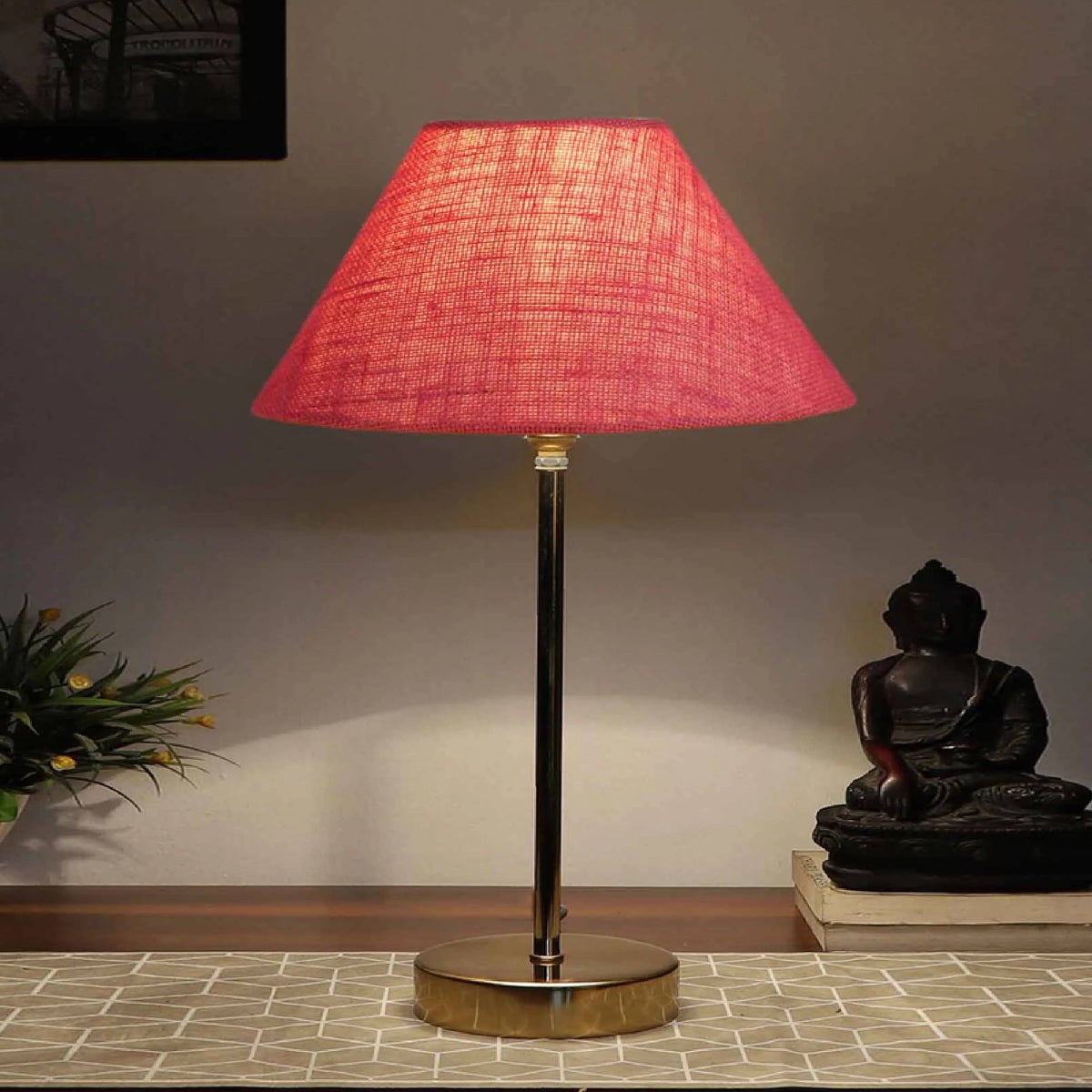 Jute Shade Textured Pink Color Table Lamp with Golden Metal Finish