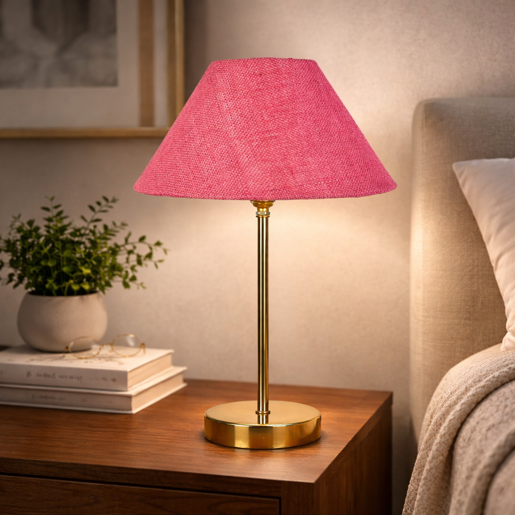 Jute Shade Textured Pink Color Table Lamp with Golden Metal Finish