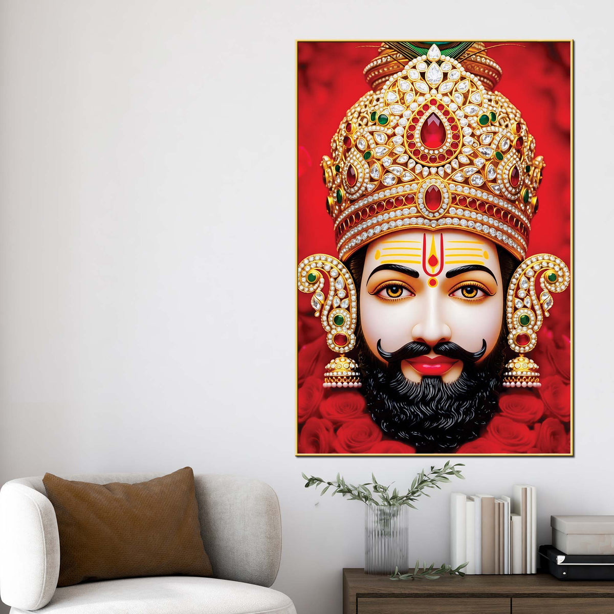 Khatu Shyam Ji Red Background Canvas Painting | Devotional Wall Art