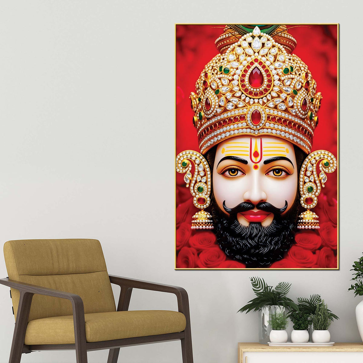 Khatu Shyam Ji Red Background Canvas Painting | Devotional Wall Art