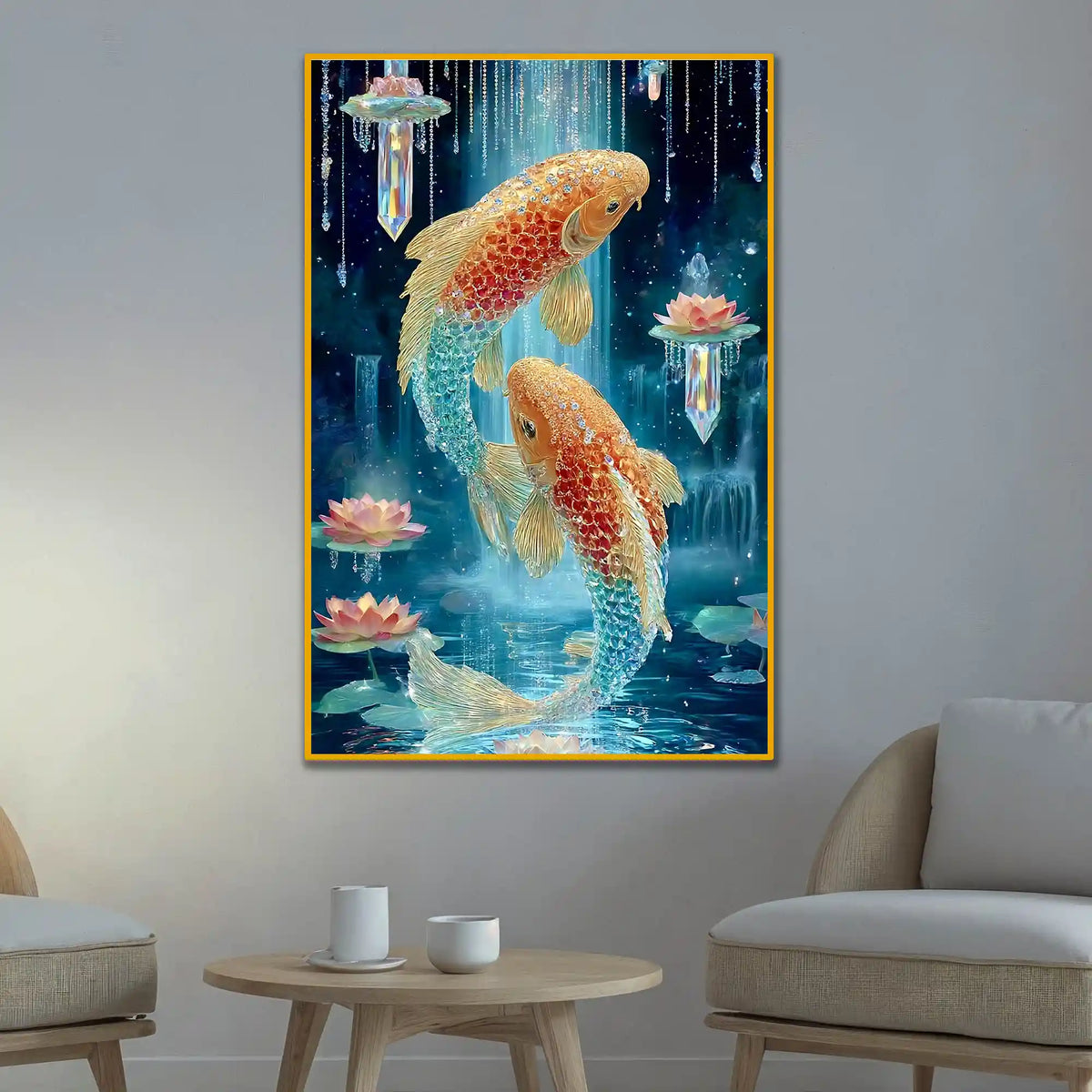 Koi Fish with Lotus Floating Frame Crystal Wall Painting