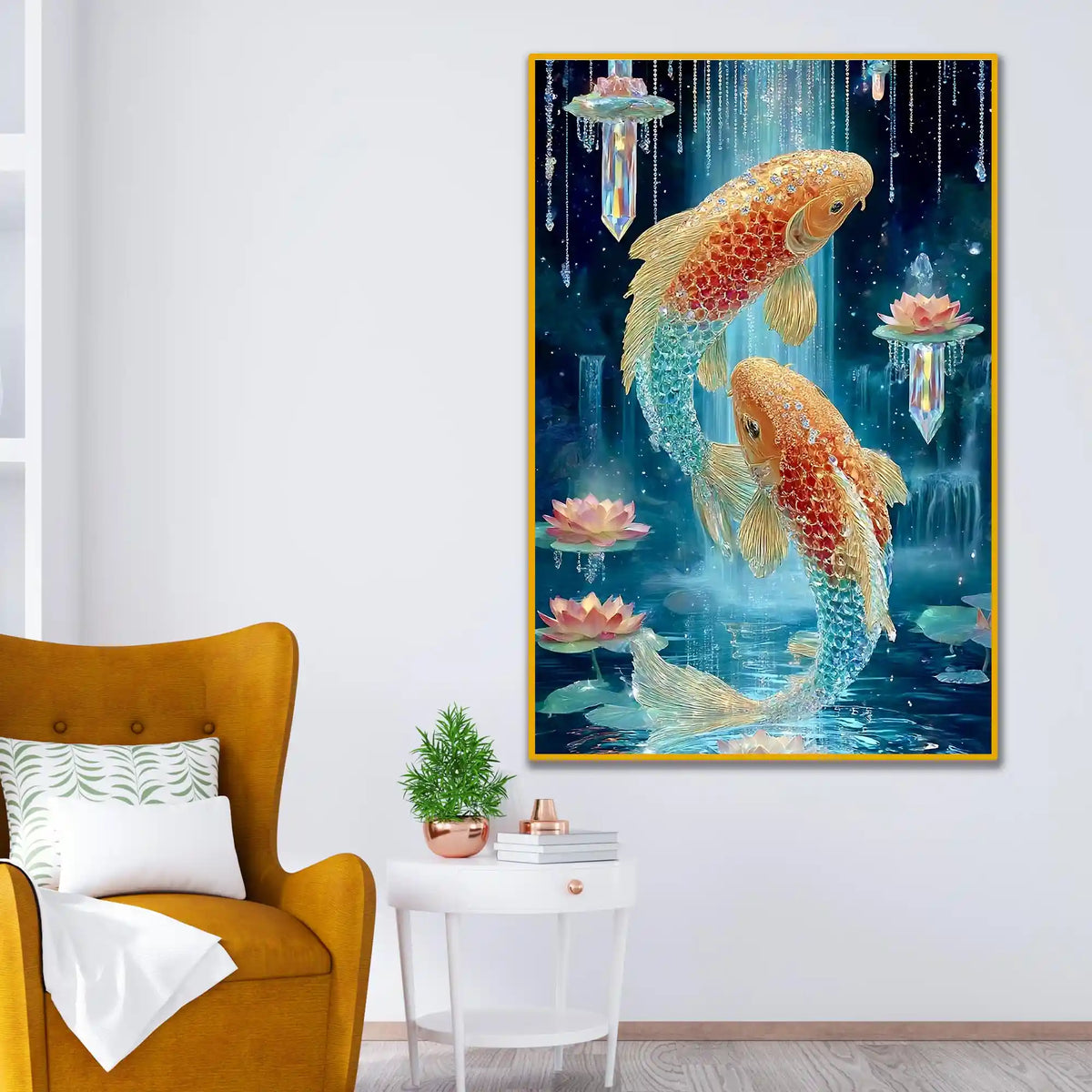 Koi Fish with Lotus Floating Frame Crystal Wall Painting