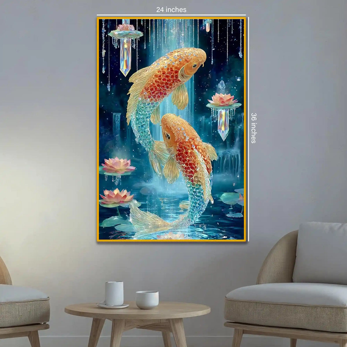Koi Fish with Lotus Floating Frame Crystal Wall Painting