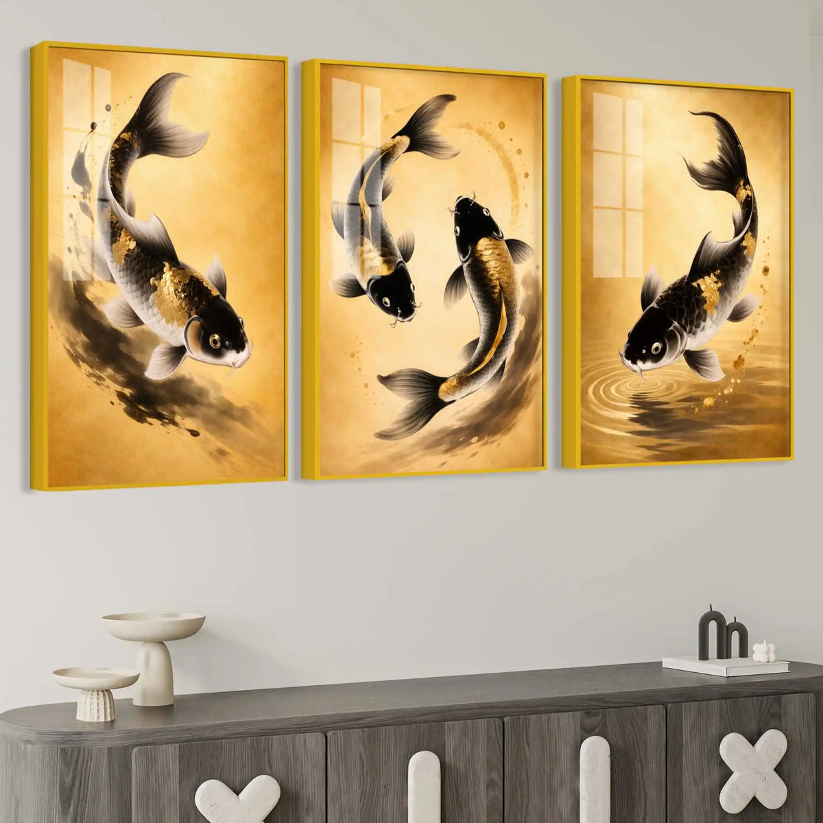 Koi of Abundance Acrylic Floating Frame Wall Painting Set of 3