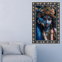 Krishna Grace Feathered Friend Floral Border Vertical Wall Painting