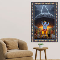 Krishna lifting Mount Govardhana Floral Border Vertical Wall Painting