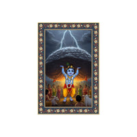 Krishna lifting Mount Govardhana Floral Border Vertical Wall Painting