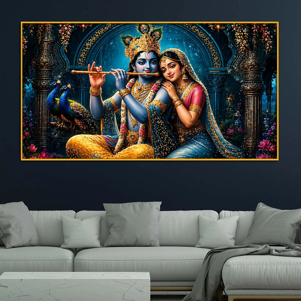 Krishna Playing Flute with Radha Floating Frame Crystal Wall Painting