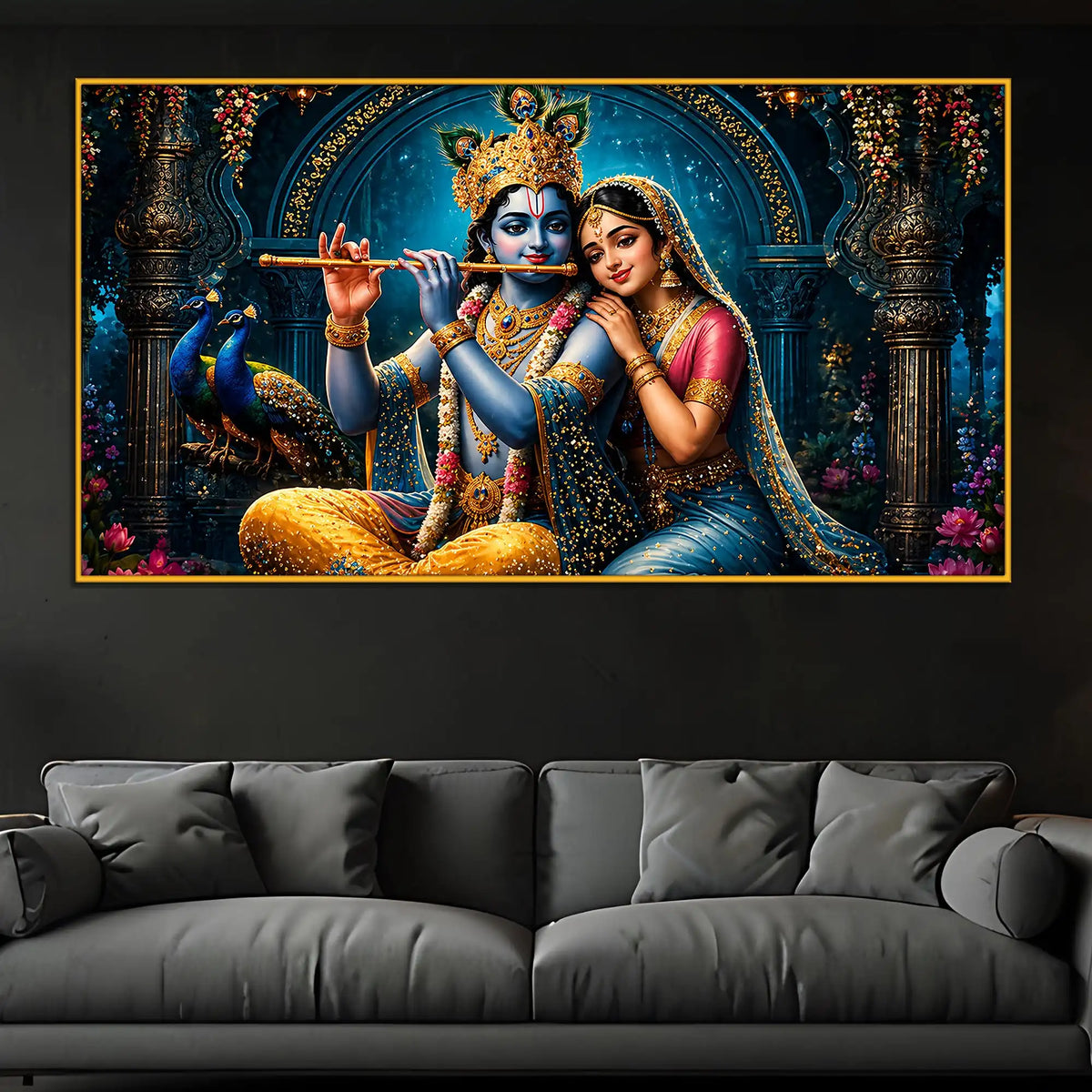 Krishna Playing Flute with Radha Floating Frame Crystal Wall Painting