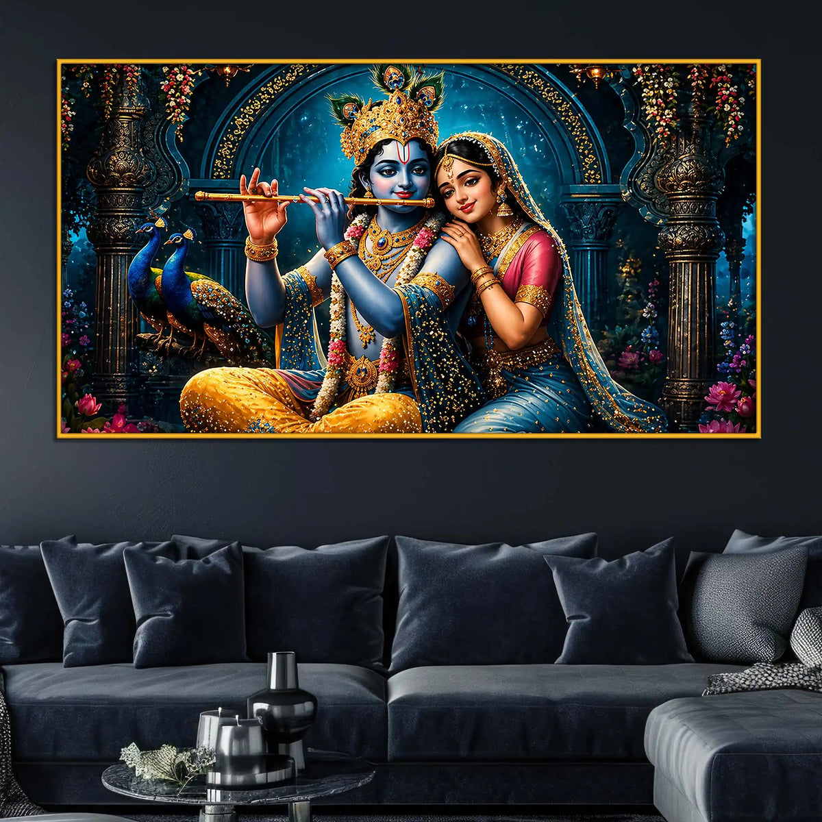 Krishna Playing Flute with Radha Floating Frame Crystal Wall Painting