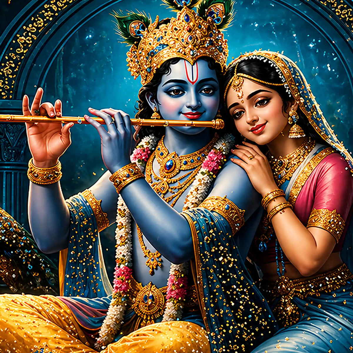 Krishna Playing Flute with Radha Floating Frame Crystal Wall Painting