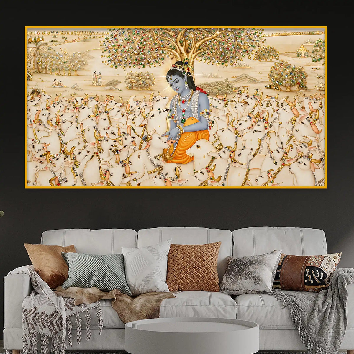 Krishna with Cows Crystal Glass Wall Painting for Premium Decor