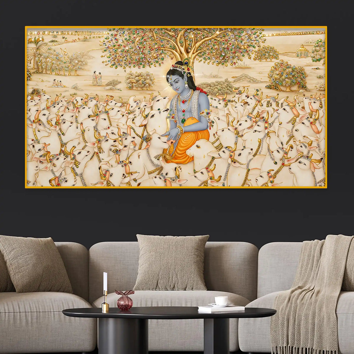 Krishna with Cows Crystal Glass Wall Painting for Premium Decor