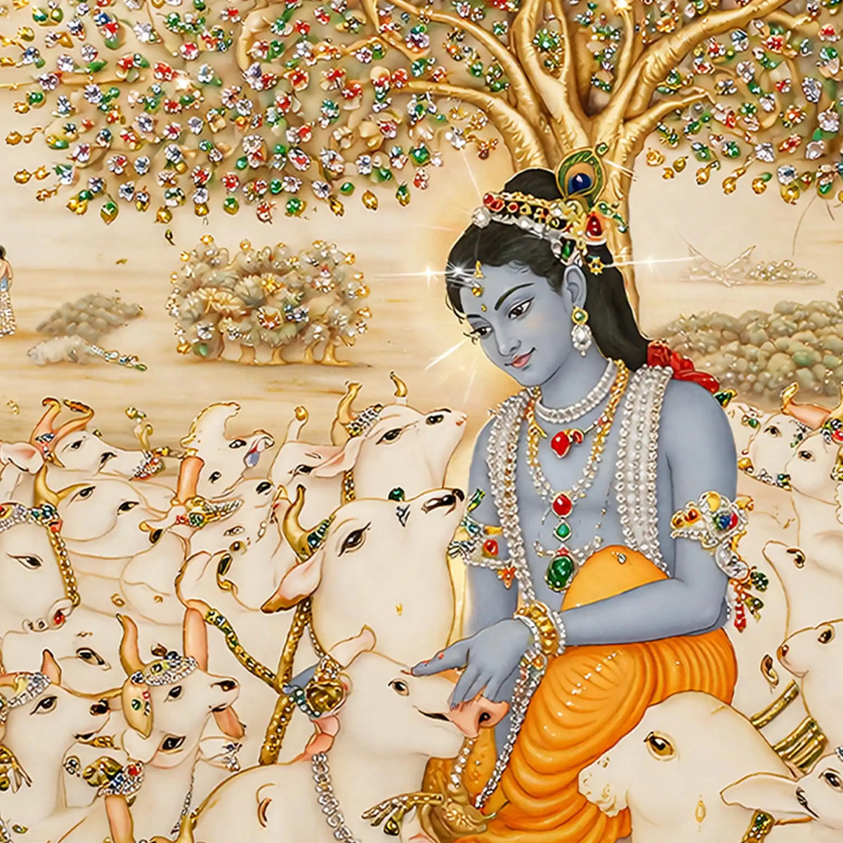 Krishna with Cows Crystal Glass Wall Painting for Premium Decor