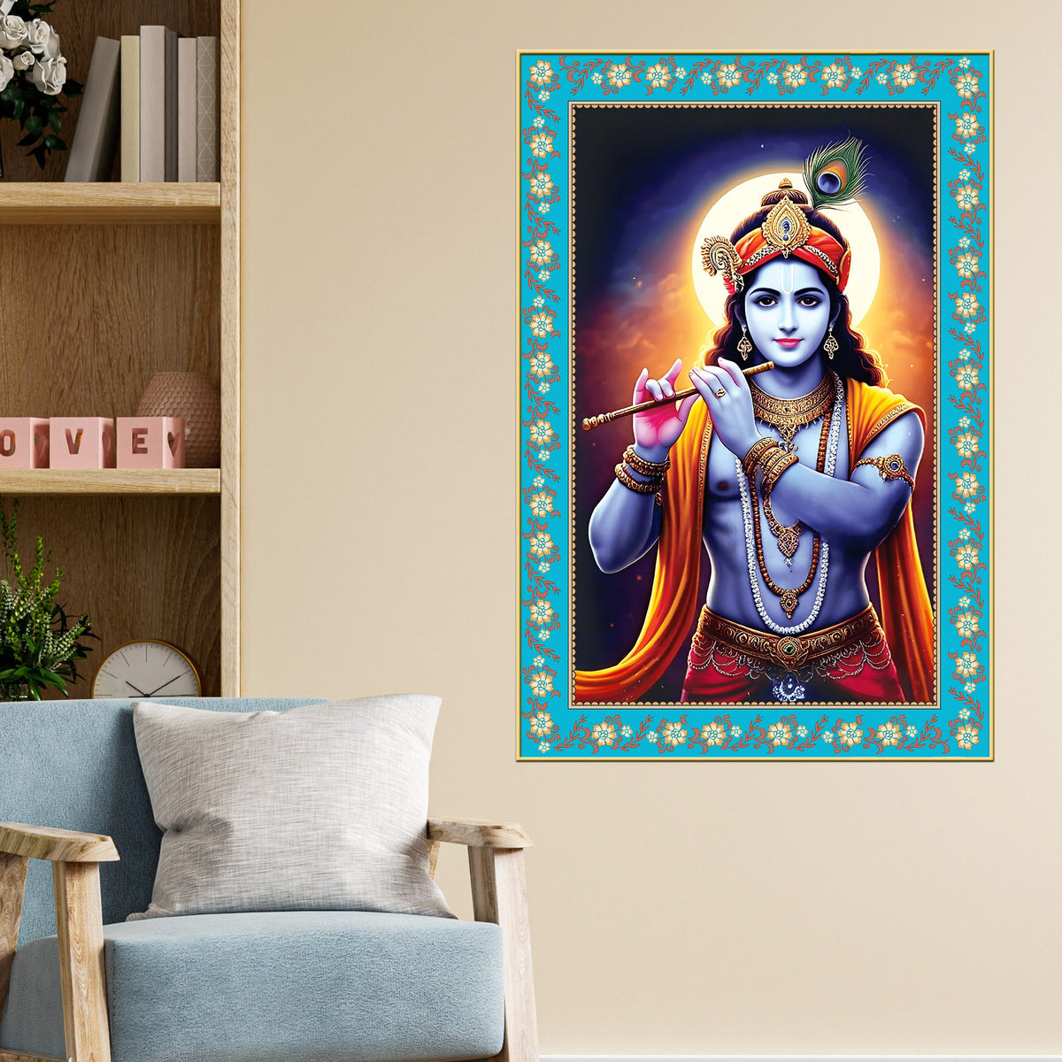 Krishna with Flute Floral Border Vertical Canvas Wall Painting