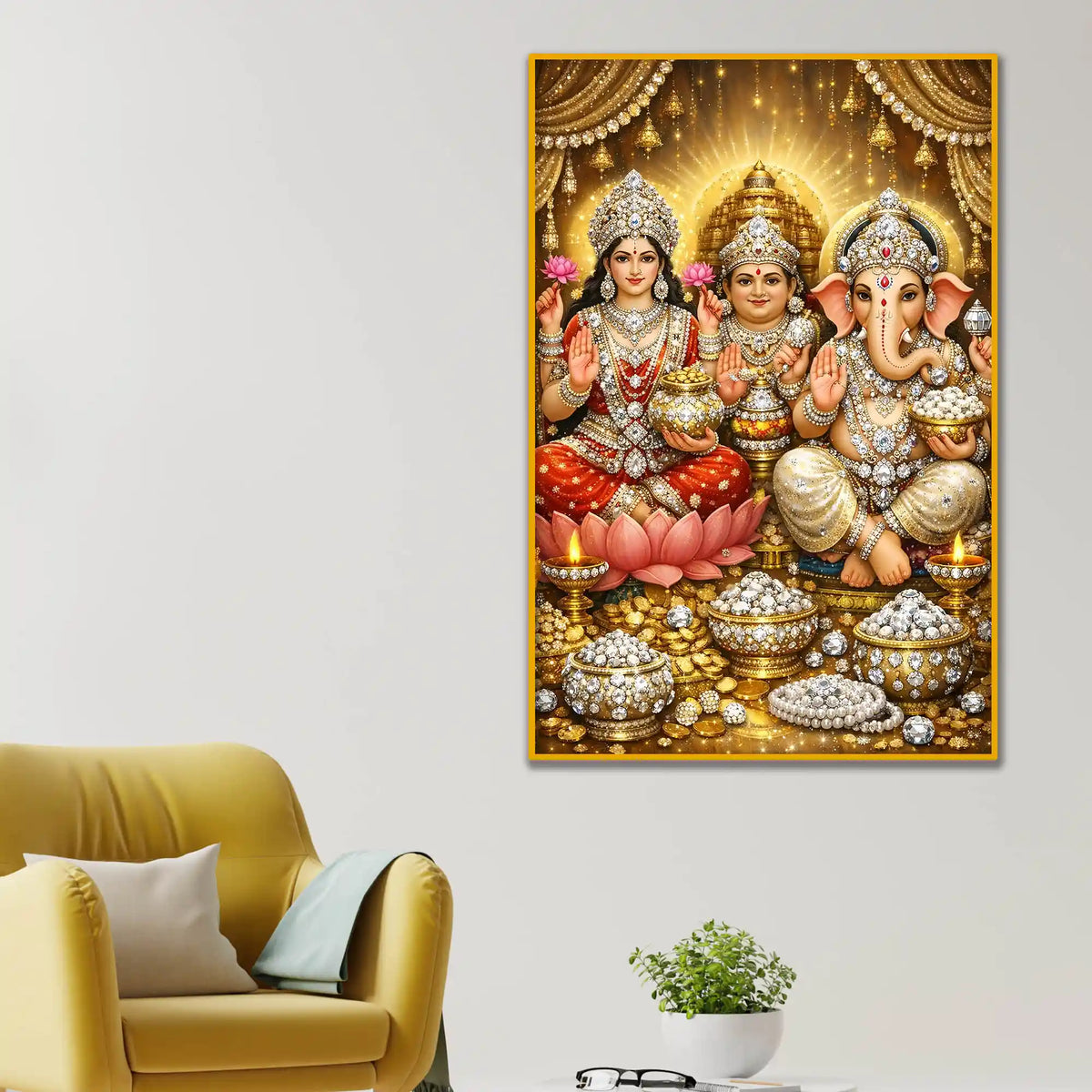 Lakshmi Ganesh Wall Art Floating Frame Crystal Wall Painting