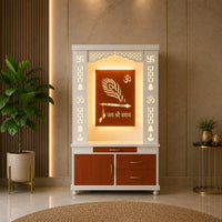 Lavish White Finish Wooden Floor Temple with Jai Shree Shyam and Murli LED Back Panel & Spacious Drawer Storage Cabinet for Home & Office