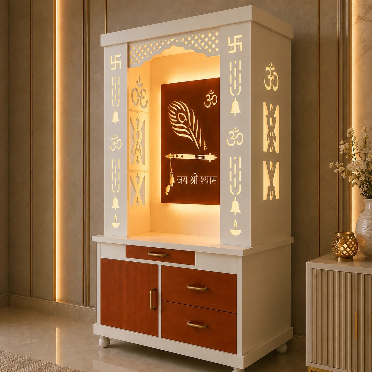 Lavish White Finish Wooden Floor Temple with Jai Shree Shyam and Murli LED Back Panel & Spacious Drawer Storage Cabinet for Home & Office