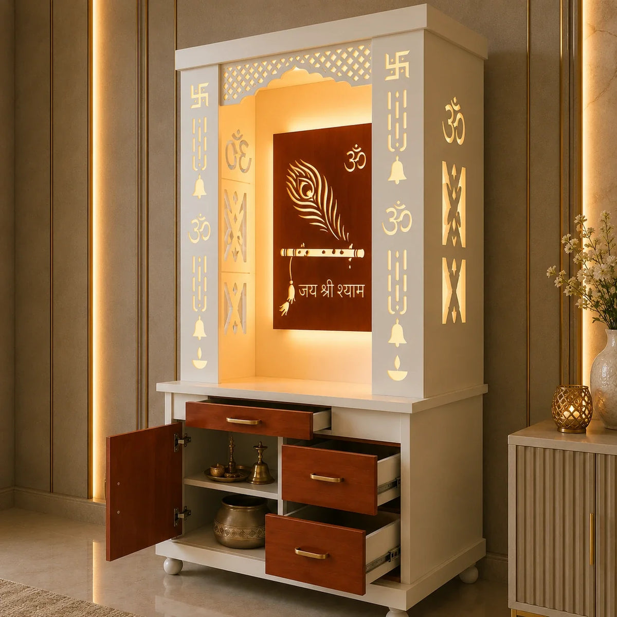 Lavish White Finish Wooden Floor Temple with Jai Shree Shyam and Murli LED Back Panel & Spacious Drawer Storage Cabinet for Home & Office