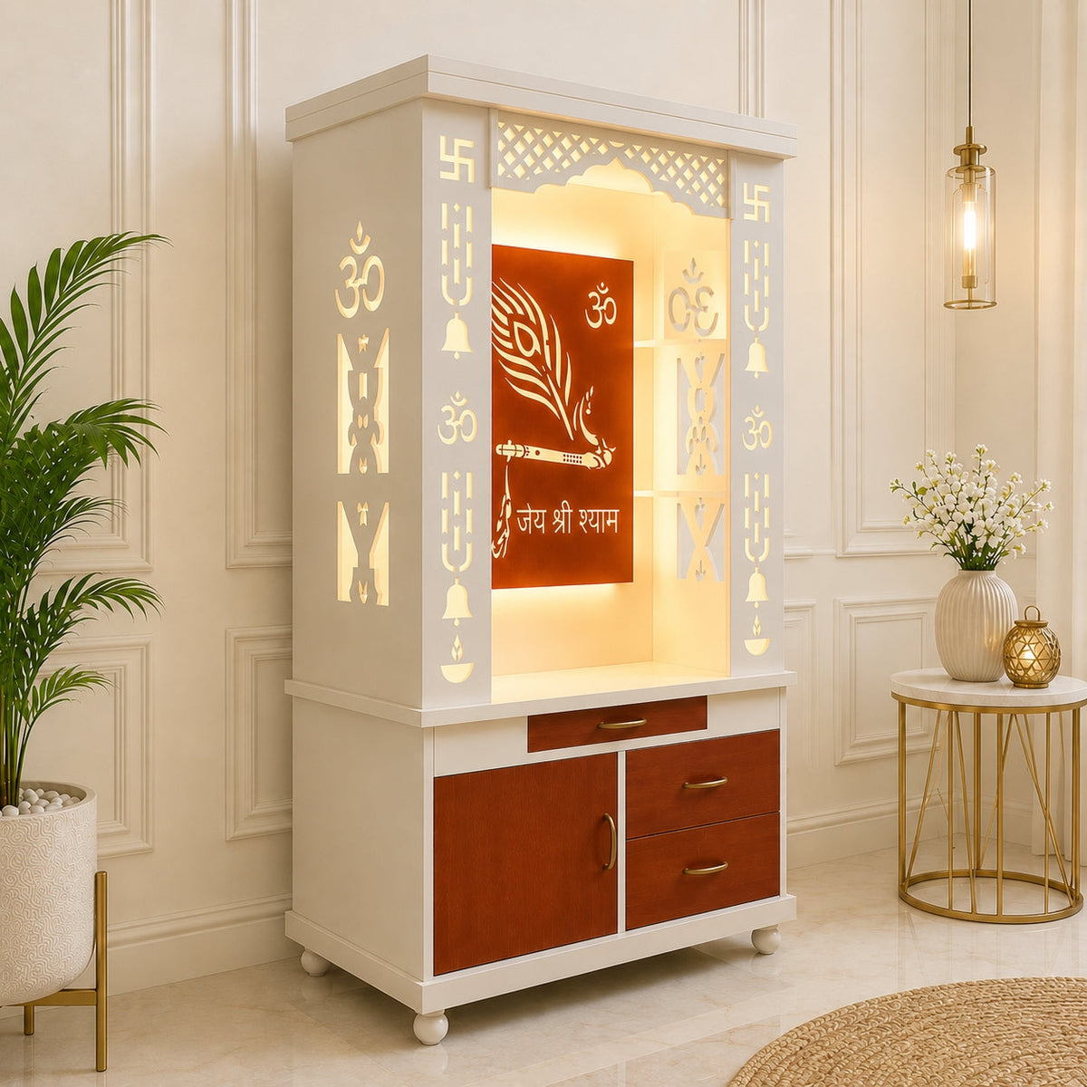 Lavish White Finish Wooden Floor Temple with Jai Shree Shyam and Murli LED Back Panel & Spacious Drawer Storage Cabinet for Home & Office