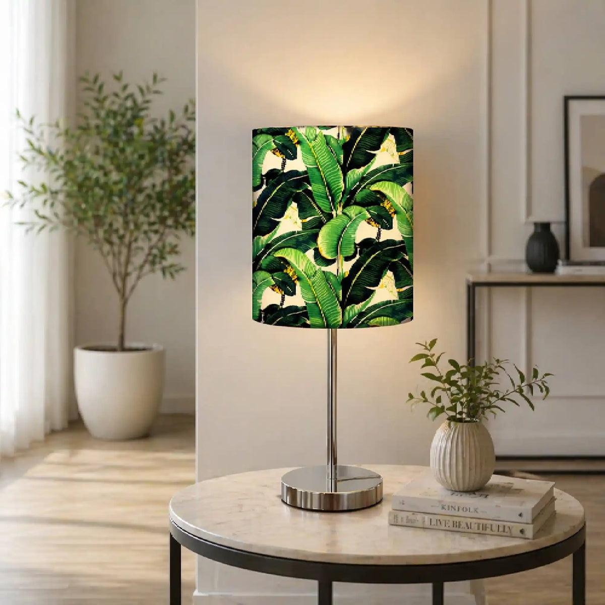 Leaf Art Printed Modern Stainless Steel Metal Finish Table Lamp