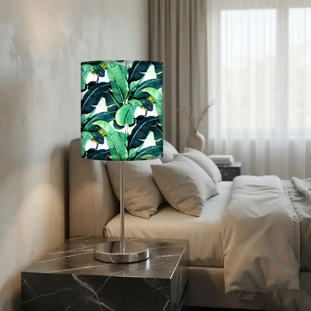 Leaf Art Printed Modern Stainless Steel Metal Finish Table Lamp