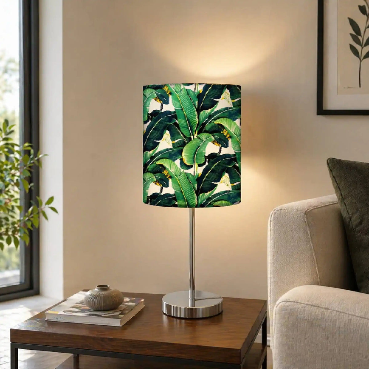 Leaf Art Printed Modern Stainless Steel Metal Finish Table Lamp