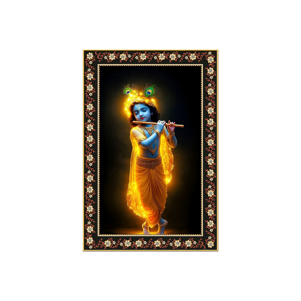 Little Krishna Playing Flute Floral Border Vertical Wall Painting
