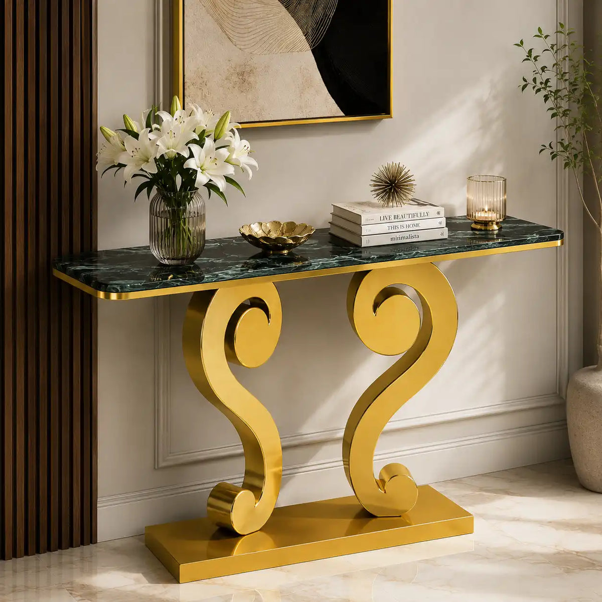 Vintage Inspired Scroll Console Table with Black Marble Finish