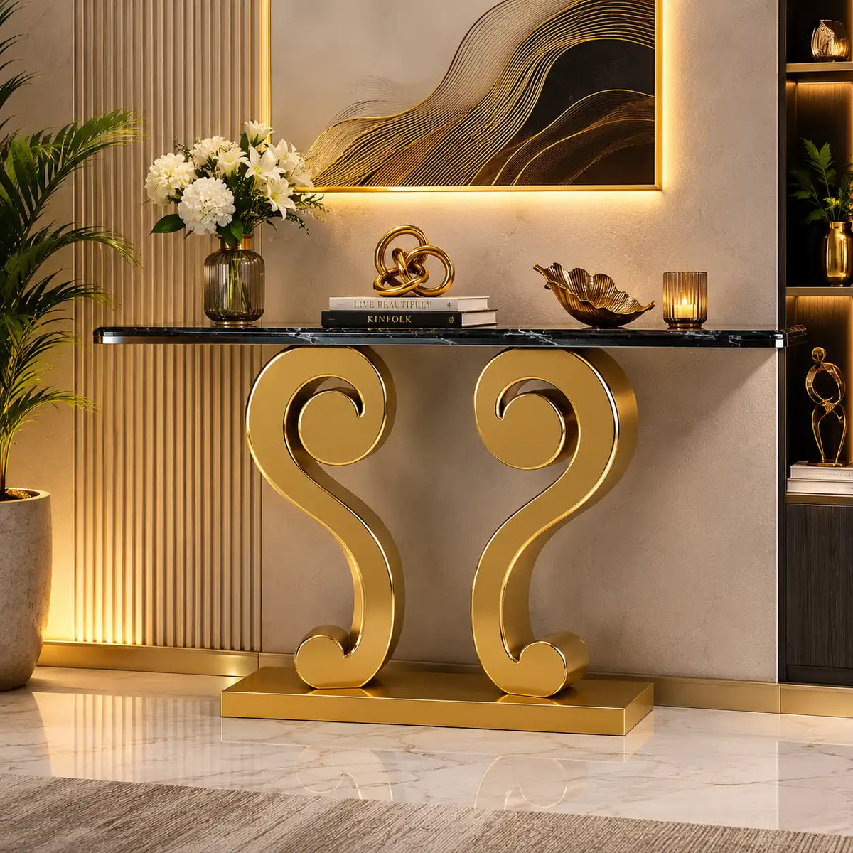 Vintage Inspired Scroll Console Table with Black Marble Finish