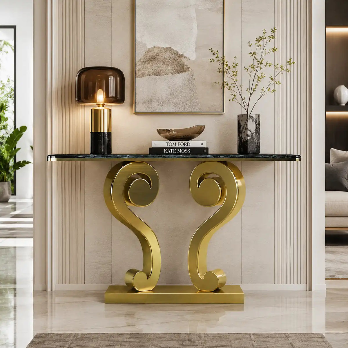 Vintage Inspired Scroll Console Table with Black Marble Finish