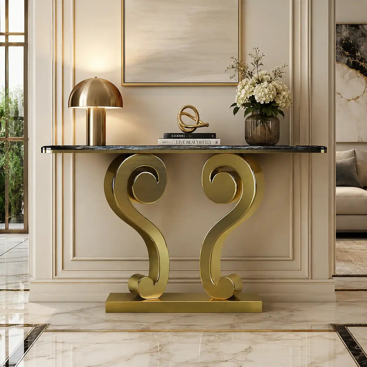 Vintage Inspired Scroll Console Table with Black Marble Finish