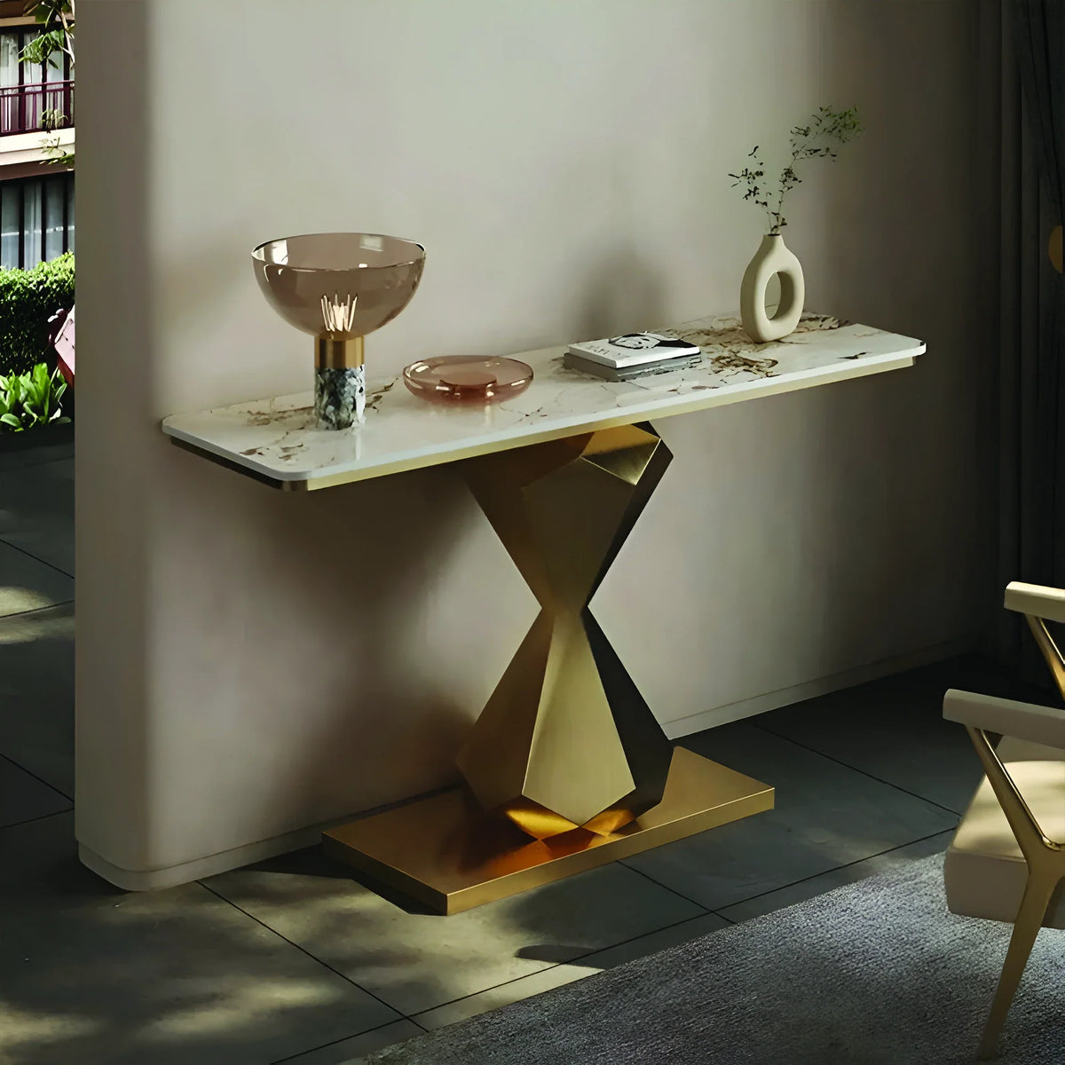 Hourglass Shape Console Table with Polished Gold Frame