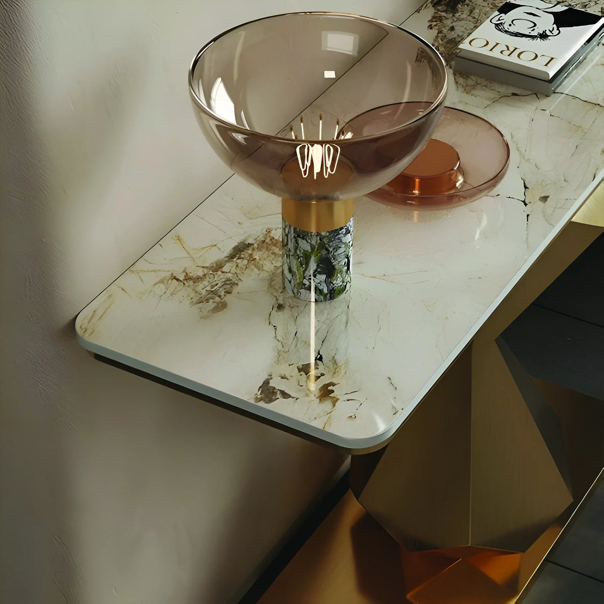 Hourglass Shape Console Table with Polished Gold Frame
