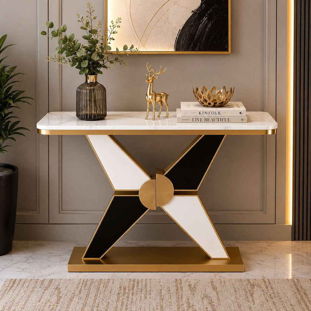 Long Hall Marble Console with Gold X Legs
