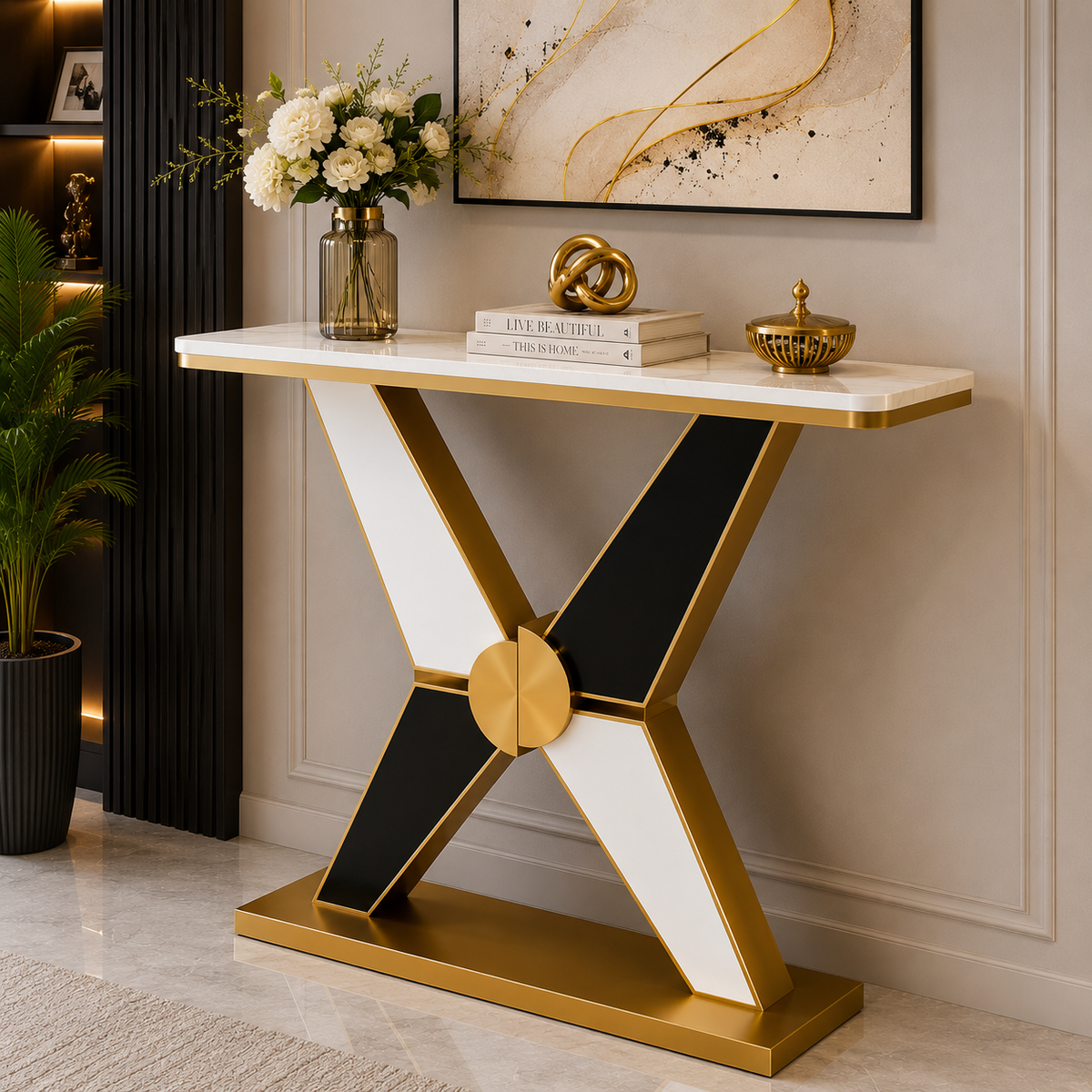 Long Hall Marble Console with Gold X Legs