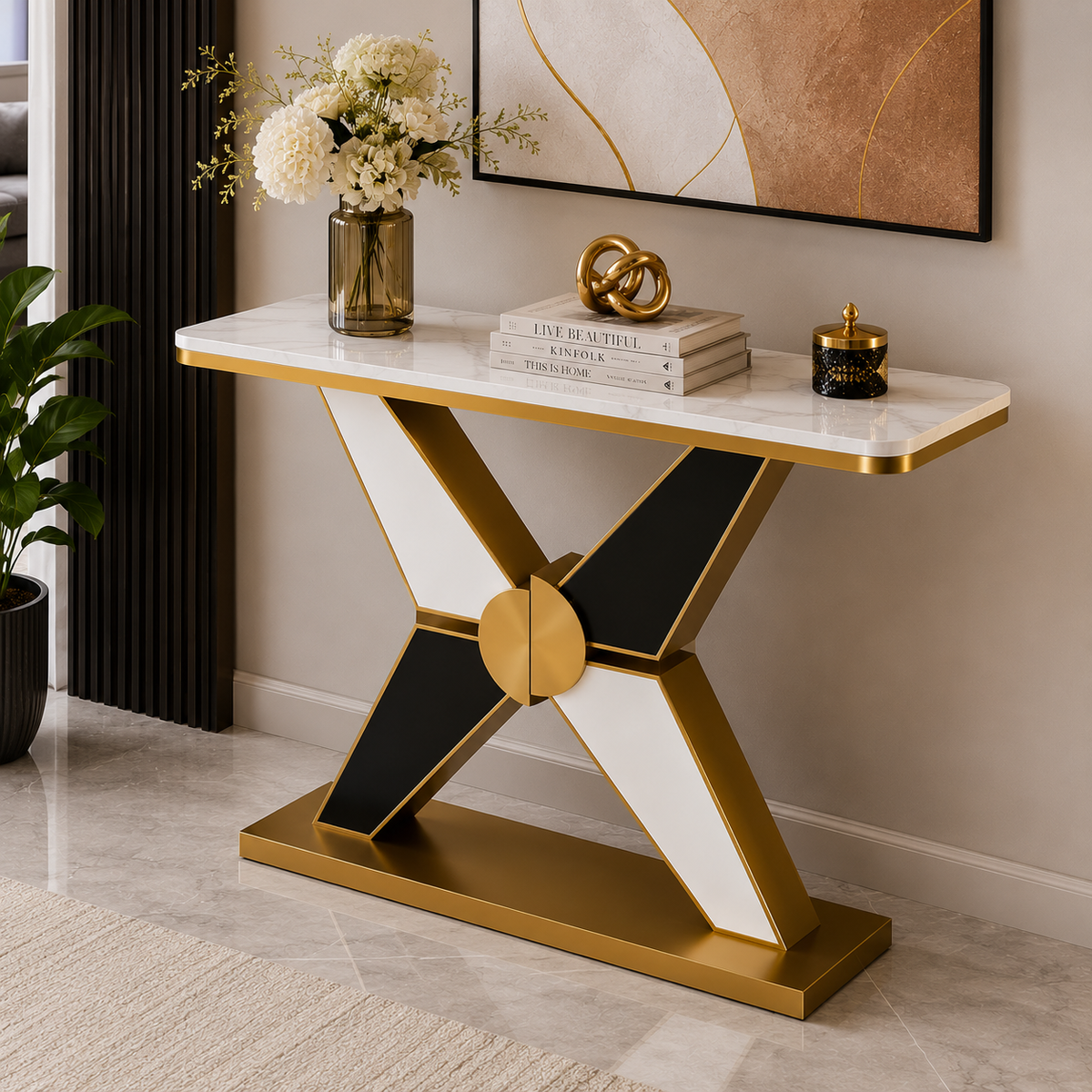 Long Hall Marble Console with Gold X Legs