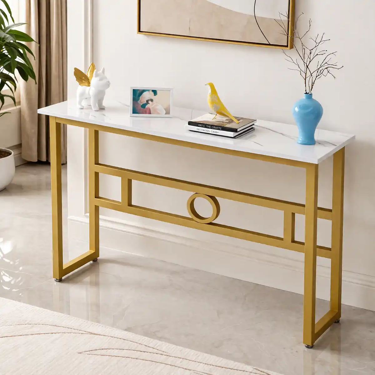 Long Narrow White Gold Marble Console Table