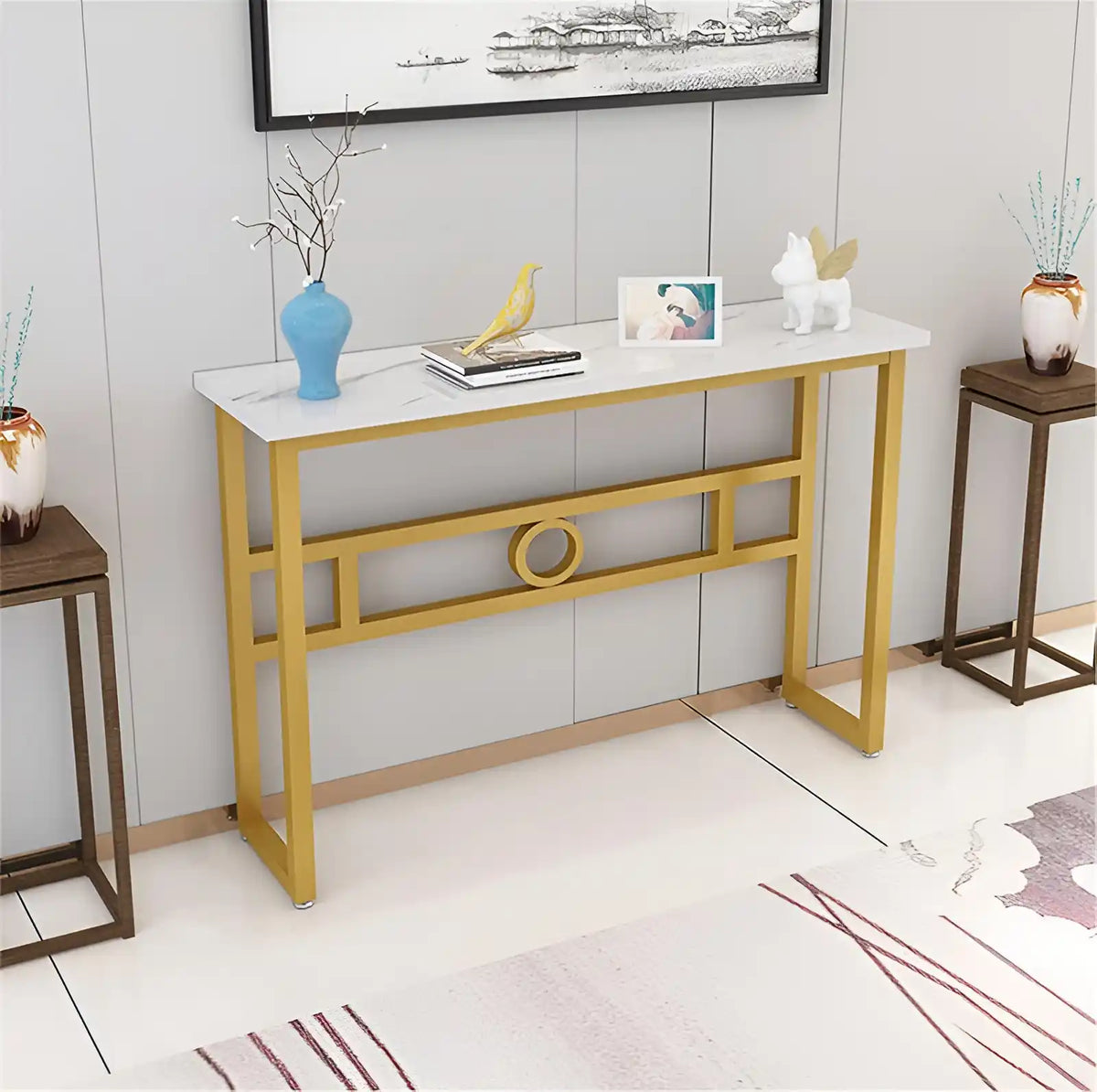 Long Narrow White Gold Marble Console Table