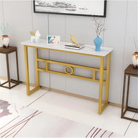 Long Narrow White Gold Marble Console Table