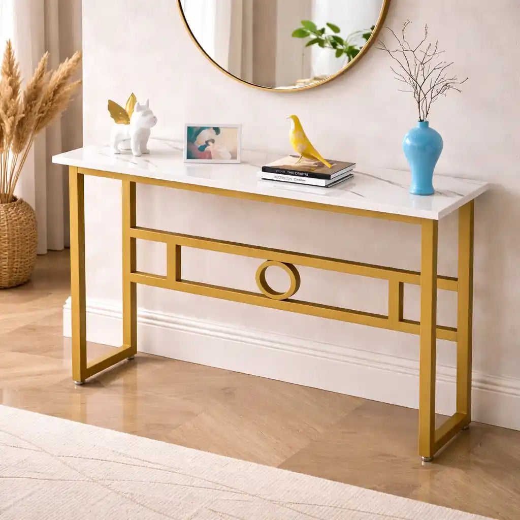 Long Narrow White Gold Marble Console Table