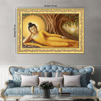 Lord Buddha in Reclining Posture Floral Border Canvas Wall Painting
